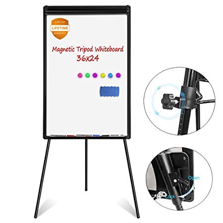 White Board Easel, Magnetic Dry Erase Board 36 x 24 inches Flipchart Easel Whiteboard, Height Adjustable Tripod Whiteboard with 1 Eraser, 3 Markers, 6 Magnets, Black