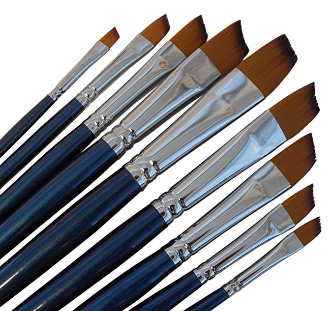 ARTIST PAINT BRUSHES - A - Professional Quality Black Tip, Golden Nylon, Long Handle, Angular Paint Brush Set - Ideal for Acrylic Painting and Oil Painting, and Equally Useful for Watercolor Painting and Gouache Color Painting. - The Natural Characteristics of the Golden Nylon Offers Excellent Liquid Holding Capacity and an Easy, Smooth Flow of Paint. The Fine Angular Head Paintbrushes Have a Luxurious Feel and Excellent Durability, Whilst Good Shape Holding Properties.