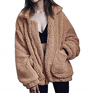 Gets Women's Coat Casual Fleece Fuzzy Faux Shearling Lapel Zipper Coats Warm Winter Oversized Outwear Jackets