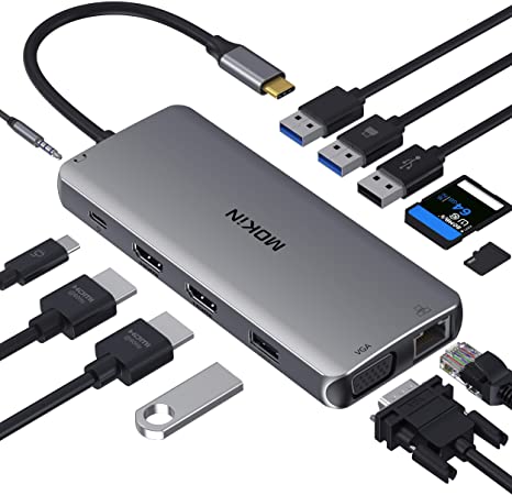 USB C Hub Multiport Adapter, 12 in 1 MacBook Dongle with USB C to Dual HDMI VGA Ethernet 4 USB Ports  Audio 100W PD SD/Micro SD Card Reader Docking Station for MacBook Pro (Support Triple Display)