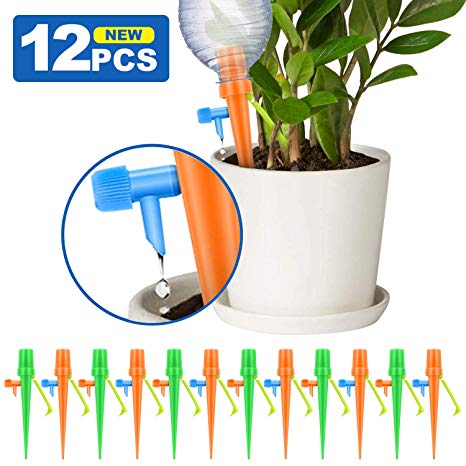 Wikomo Plant Self Watering Spikes System with Slow Release Control Valve Switch Self Irrigation Watering Drip Devices, Plant Waterer with Anti-Tilt Anti-Down Bracket, 12 PCS Self Watering Spikes