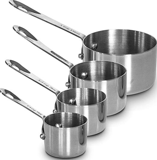 Heavy-Duty Unbreakable 18/8 Stainless Steel Measuring Cups Set with Long Riveted Handles, Polished Finished, Stackable Measuring Cup, Built to Last a Lifetime - Set of 4