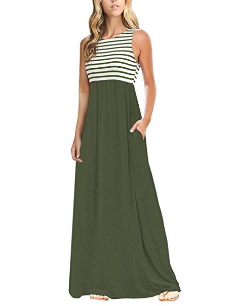 MEROKEETY Women's Summer Striped Sleeveless Crew Neck Long Maxi Dress Dress with Pockets