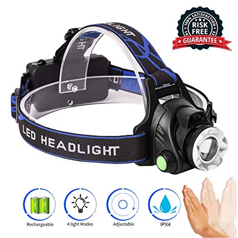 LED Headlamp Rechargeable Induction Headlight - ANDSF Upgraded Version 4 Modes Brightest Head Lamps 2000 Lumens with Adjustable Zoomable Head Lightweight Flashlight for Fishing Climibing Camping