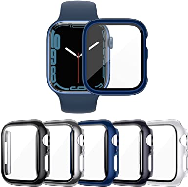 KIMILAR 5-Pack Tempered Glass Screen Protector Case Compatible with Apple Watch Series 7 45mm, Touch-Sensitive Ultra-Thin Hard PC Full Cover Bumper Compatible with iWatch 45mm