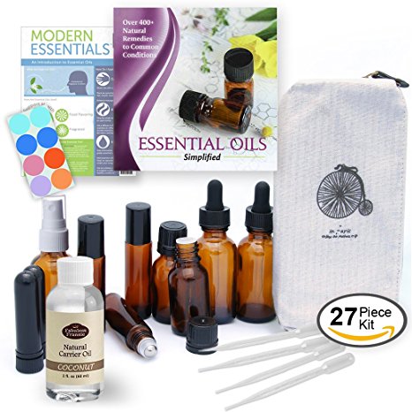 DIY Essential Oils Kit - 27-Piece Variety Set w/ Empty Bottles, Coconut Carrier Oil, Guide & Carrying Case, - great gift or starter set for mixing & blending, works with all brands for Aromatherapy