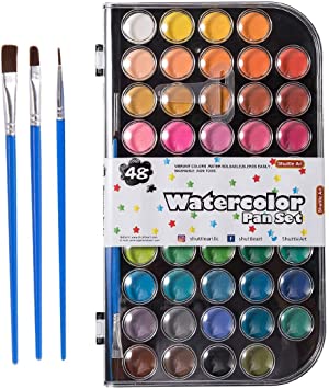 48 Colors Watercolor Paint Set, Shuttle Art Watercolor Pan Set with 3 Paint Brushes Easy to Blend Colors, Non-Toxic Perfect for Kids Adults Beginners Artist Watercolor Painting