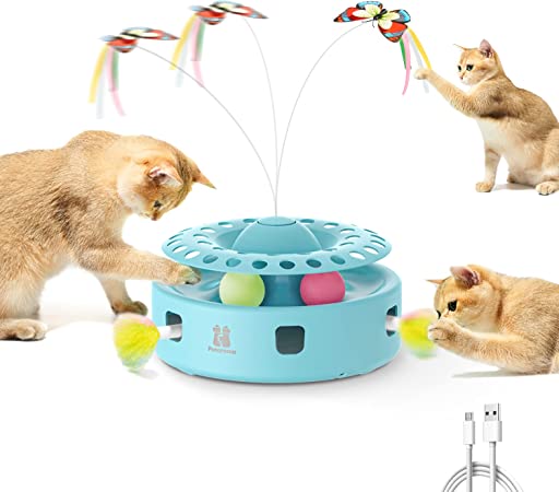 Potaroma Cat Toys 3-in-1 Smart Interactive Electronic Kitten Toy, Fluttering Butterfly, Random Moving Ambush Feather, Catnip Bell Track Balls, Dual Power Supplies, Indoor Exercise Cat Kicker