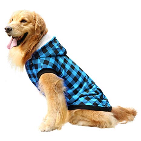 ASENKU Dog Winter Coat Thicker Fleece Dog Hoodie Jacket British Plaid Pet Warm Outfit with Removable Hat Windproof Vest for Small Medium Large Dogs