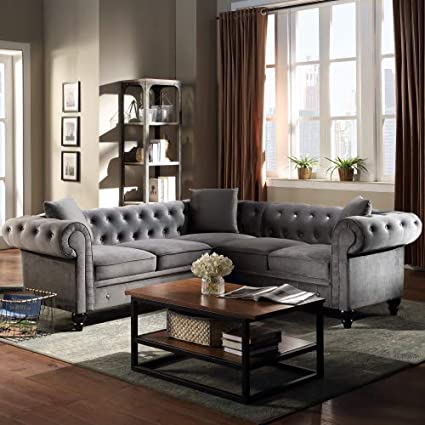 NOUVCOO Seats Grey Soft Tufted Velvet Upholstered Sectional Sofa,5 Seater Couch with Classic Chesterfield Rolled Arm and 3 Lumbar Pillows for Living Room