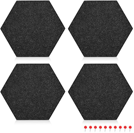 Navaris Felt Memo Board - 4X Pieces Decorative Hexagon Notice Boards with Push Pins and Tape 7.9 x 6.7 x 0.6 inches (20 x 17 cm) - Dark Grey