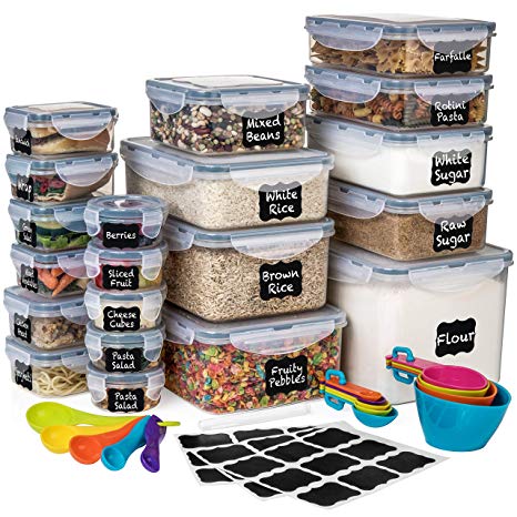 Shazo 40 pc (20 Container   20 Lids] Unique wide Fridge and Pantry Containers   14 Measuring Cups/Spoons   27 Labels and Marker - Airtight Food Storage Space Saver Container - BPA Free Plastic