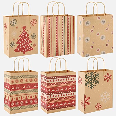 Christmas Decorations - 30 PCS Christmas Holiday Classic Variety Kraft Gift Bags Bulk with Christmas Prints - Good for Christmas Goody Bags,Xmas Party Favors, Holiday Treat Box and Party Favors