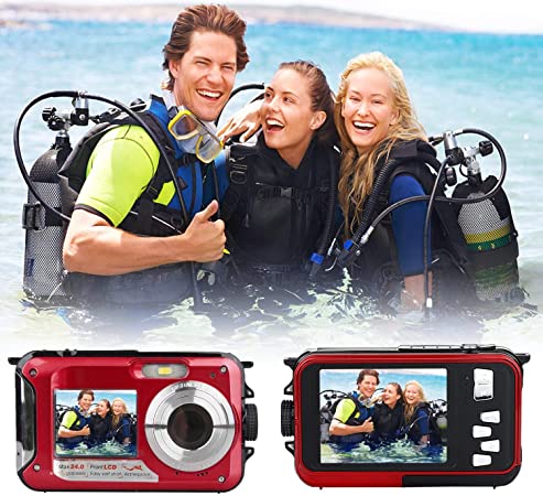 Underwater Camera for Snorkeling, Waterproof 2.7K 24MP Digital Camera, HD Rechargeable Camera with Dual Screen for Camping, Underwater, Swiming, Underwater Camera