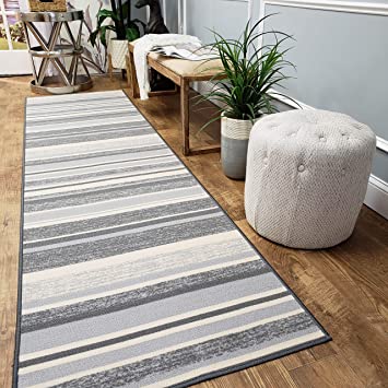 Custom Size Runner Rug Non Slip - 31" Wide x 25 ft Long - Price Drops by Size - Grey Stripes - Non Skid, Rubber Backing for Stair, Hallway, Kitchen - Choose Width x Length