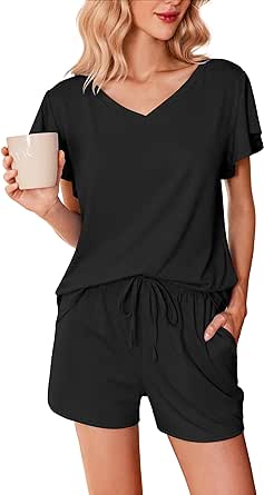 Ekouaer Women's Pajamas Set Ruffle Sleeves Sleepwear V Neck Comfy 2 Piece Pjs Loungewear Set with Pockets S-XXL