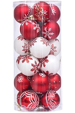 Sea Team 60mm/2.36" Delicate Contrast Color Theme Painting & Glittering Christmas Tree Pendants Decorative Hanging Christmas Baubles Balls Ornaments Set - 24 Pieces (Red & White)