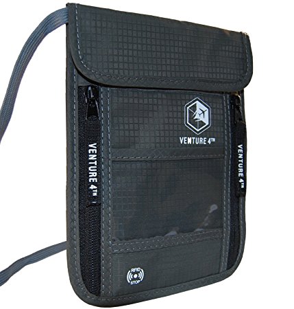 Venture4th Passport Holder Neck Pouch With RFID Blocking The # 1 Travel Wallet (Grey)