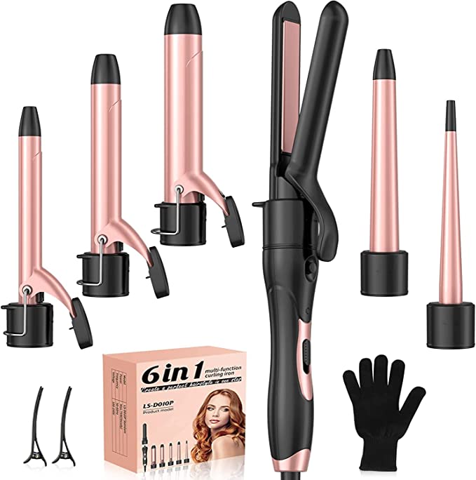 Wand Curling Iron, 6 in 1 Curling Wand Set with Flat Iron Hair Straightener, 0.35 to 1.25 Inch Ceramic Barrel Hair Curler Wand, Professional Dual Voltage Hair Styling Hot Tools for Travel, Home