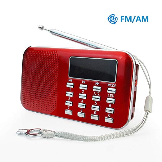 PRUNUS Mini Portable Ultrathin AM / FM MP3 Radio with Emergency flashlight function. Rechargeable and Replaceable battery. Long antenna. Stores stations automatically. Supports the following: Flash drive / Micro SD card / TF card (8GB, 16GB, 32GB, 64GB) to allow the user to play stored MP3 files.(Red)