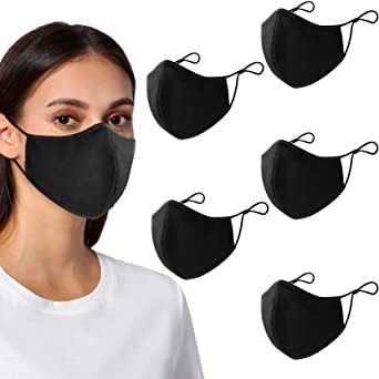 Black Face Mask , 5-Pack Unisex Cloth Washable Reusable Face Cover , Cotton Inner Layer Comfortable & Breathable Black Cloth Mask , Face Masks Adjustable Ear Loops