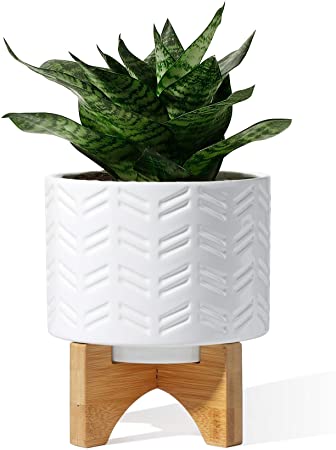 POTEY 212711 Mid Century Ceramic Planter Indoor - 5.2 Inch Medium Flower Plant Pots with Wood Stand and Drainage Hole, White