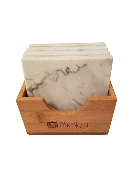 Marble Coaster Gift Set with Bamboo Holder, Set of 4 (White)