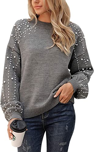 Blooming Jelly Women's Crew Neck Sweater Knit Lantern Sleeve Oversized Winter Sweaters with Pearls