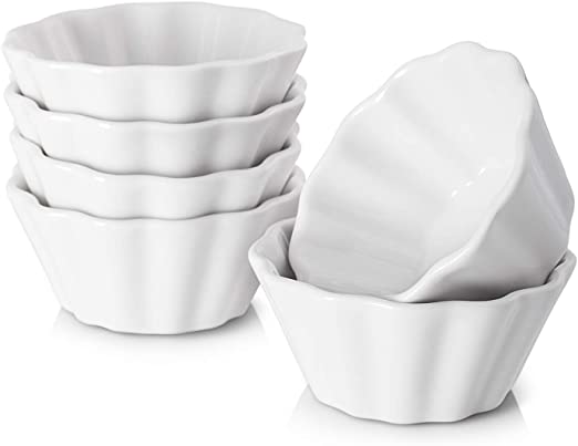 DOWAN 6 Oz Porcelain Ramekins - Serving Bowls for Souffle, Creme Brulee, Flower Shape Ramekins for Baking, Set of 6, White