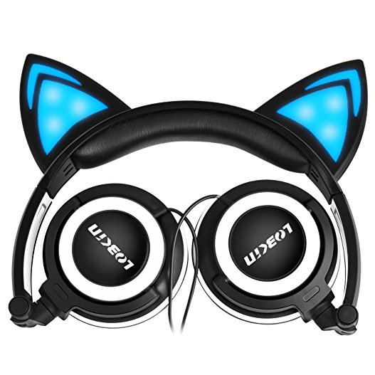 Lobkin Cat Ear Headphone, Foldable Wired Over Ear Kids Headphone with Glowing Light for Girls Children,Compatible for iPhone and Other Android Phones (Black)