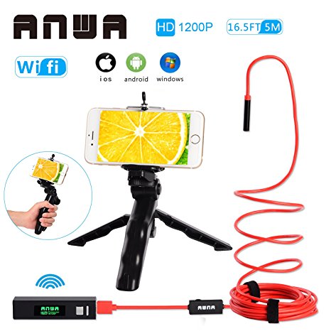 ANWA Professional Handheld Wireless Endoscope, HD 1200P WiFi Borescope Inspection Camera 2.0 Megapixels HD Snake Camera for Android and IOS Smartphone, iPhone, Samsung, Tablet - Red(16.5FT/5M)