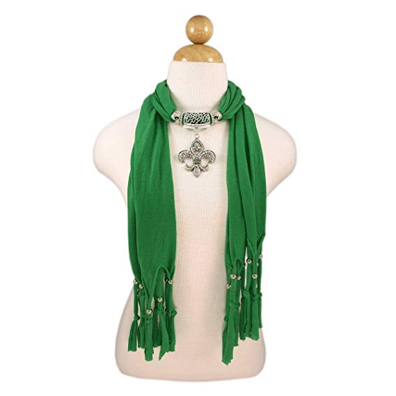 Elegant Charm Pendant Jewelry Necklace Scarf w/Fleur de lis Medallion-11 Colors