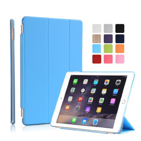 Dowswin iPad Air 2 Case, Foldable Protective PU Leather Front Case with Sleep Wake Up Function and Transparent Hard Back Cover for iPad Air 2 (Light Blue, 9.7 inch)