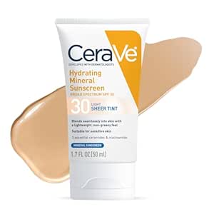 CeraVe Hydrating Mineral Sunscreen SPF 30 with Sheer Tint | Tinted Mineral Sunscreen with Zinc Oxide & Titanium Dioxide | Blends Seamlessly For Healthy Glow | Light, 1.7 Fluid Ounce