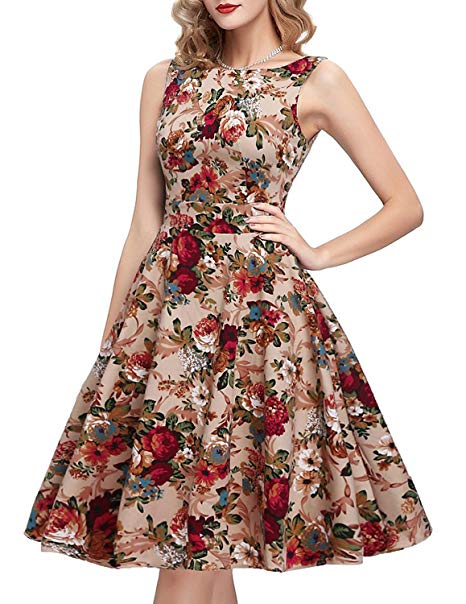 IHOT Vintage Tea Dress 1950's Floral Spring Garden Retro Swing Prom Party Cocktail Dress for Women