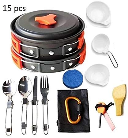 Lightahead 15 Pcs Camping Cookware Set Mess Kit Lightweight Compact & Durable Kit for Camping Hiking & Backpacking Outdoor Cooking