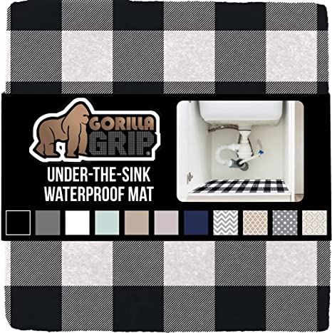 Gorilla Grip Quick Dry Waterproof Under Sink Mat Liner, 24x40, Slip Resistant, Absorbent Mats for Below Sinks, Durable Shelf Liners Protect Cabinet, Machine Washable, Buffalo Plaid Check Black White