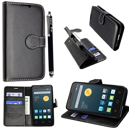 Kamal Star® Alcatel Pixi 3.5'' PU Leather Wallet Flip Case Cover Stylus (Pixi 3 3.5'' inch, Black Book)