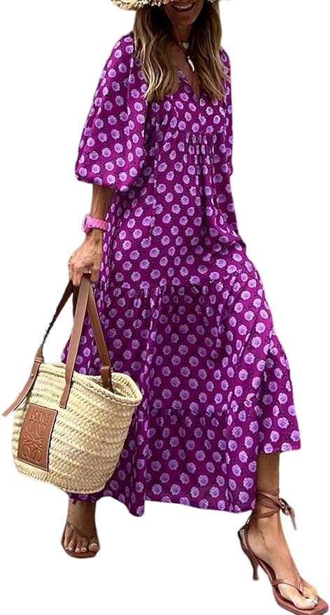 Dokotoo Women Boho Maxi Dresses 2023 V Neck Long Puff Sleeve Smocked Ruffle Flowy Casual Dress