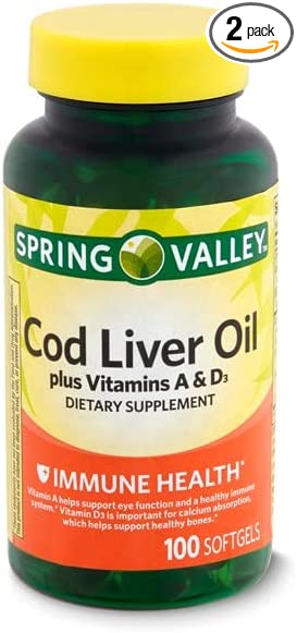 Spring - Valley Cod Liver Oil Plus Vitamins A & D3 - 100 Softgels Pack of 2