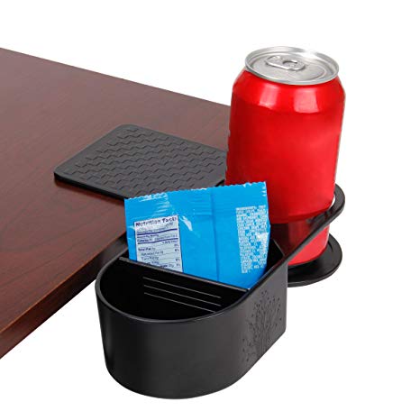 ENHANCE Cup Holder Clip On Desk Clamp with Organizer Tray - Drink & Accessory Storage with Reinforced Clamp & Removable Divider Ideal for Desks & Tables - Holds Phones, Office Supplies & Snacks