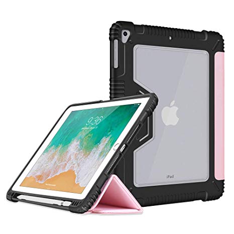 Bigphilo SPA Series iPad Case Clear, iPad 9.7 Case [Pencil Holder] [Transparent Panel] [Trifold Stand] PU Leather iPad Cover for iPad 5th Gen 2017 / iPad 6th Gen 2018 / iPad Air, Pink, Bulk Packaging