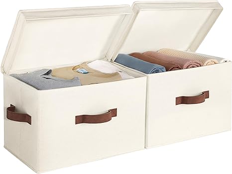 StorageWorks Closet Storage Bin with Lids, Decorative Storage Boxes with Handles, Fabric Storage Bins for Clothes, Large, Ivory White, 2-Pack