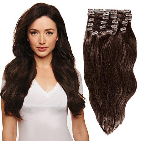 YONNA Remy Human Hair Clip in Extensions Medium Brown #4 Double Weft Long Soft Straight 10 Pieces Thick to Ends Full Head 20inch 200g