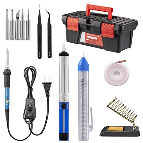 Soldering Iron Kit, Including 60W Temperature Control Soldering Iron with ON/OFF Switch, Tips, Solder Sucker, Desoldering Wick, Solder Wire, Anti-static Tweezers and Stand with Cleaning Sponge