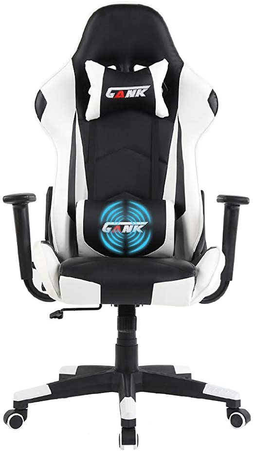 GANK Gaming Chair Racing Office Computer Chair High Back PU Leather Swivel Chair with Adjustable Massage Lumbar Support and Headrest (White)