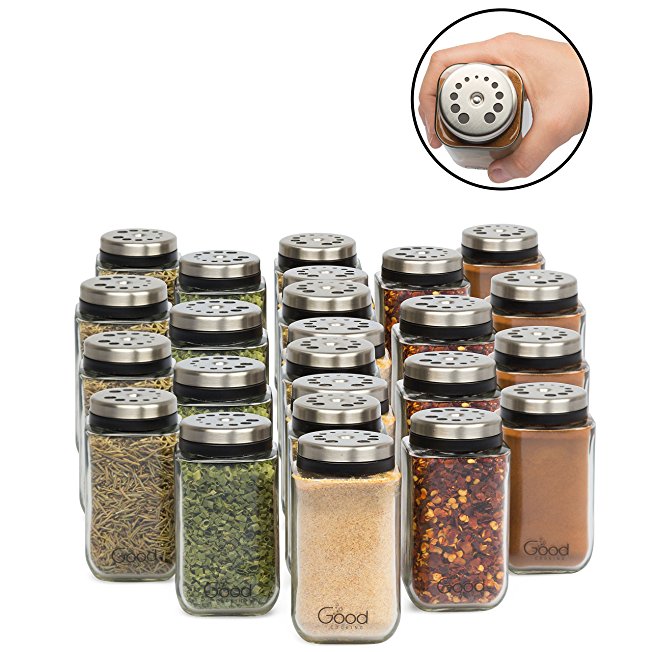 Adjustable Glass Spice Jars- Set of 24 Premium Seasoning Shaker Rub Container Tins with 6 Pouring Sizes