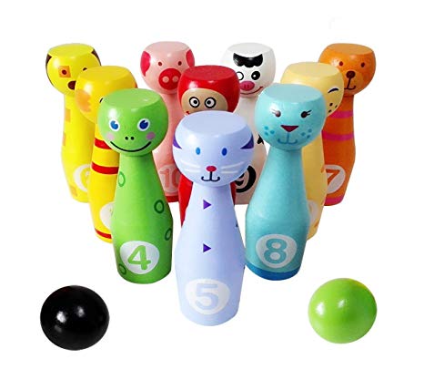Lewo Large Wooden Bowling Set Kids Skittles Toys for Toddlers with 10 Animal Pins 2 Balls