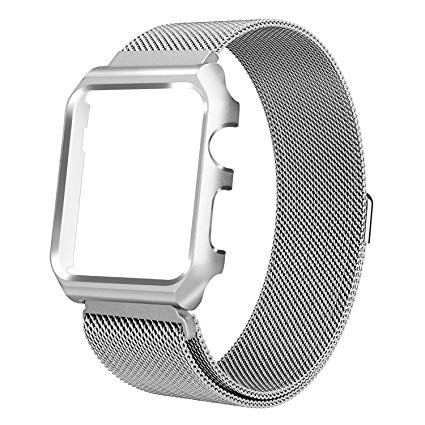 HUASIRU Compatible Apple Watch Band 42mm, Stainless Steel Milanese Loop Replacement Bands with Metal Case Cover for Apple Watch Series 3, 2, 1 (Silver)