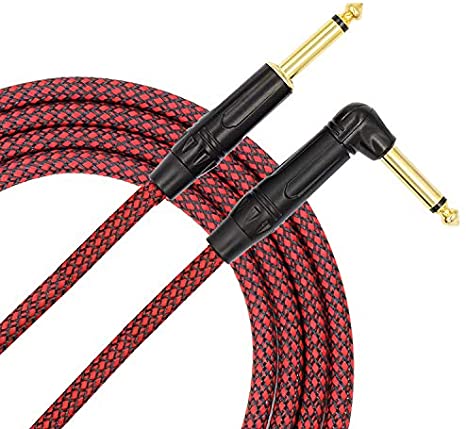 TISINO Guitar Cable, 20ft 1/4 inch Straight to Right Angle Bass Cable Instrument Cord - Red